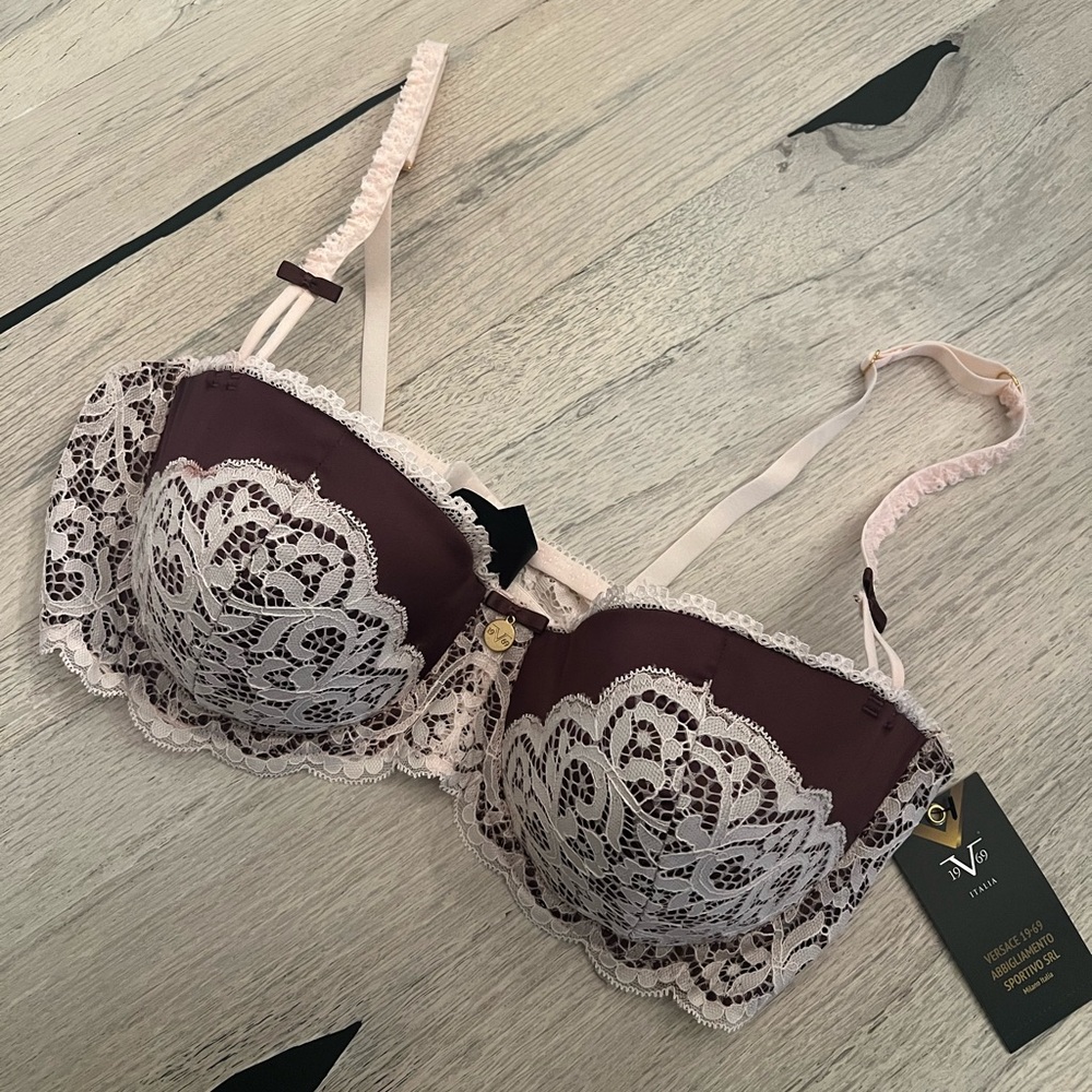 Versace Italia 1969 Underwire Padded Bra Size 38C Lace Burgundy & Pink New